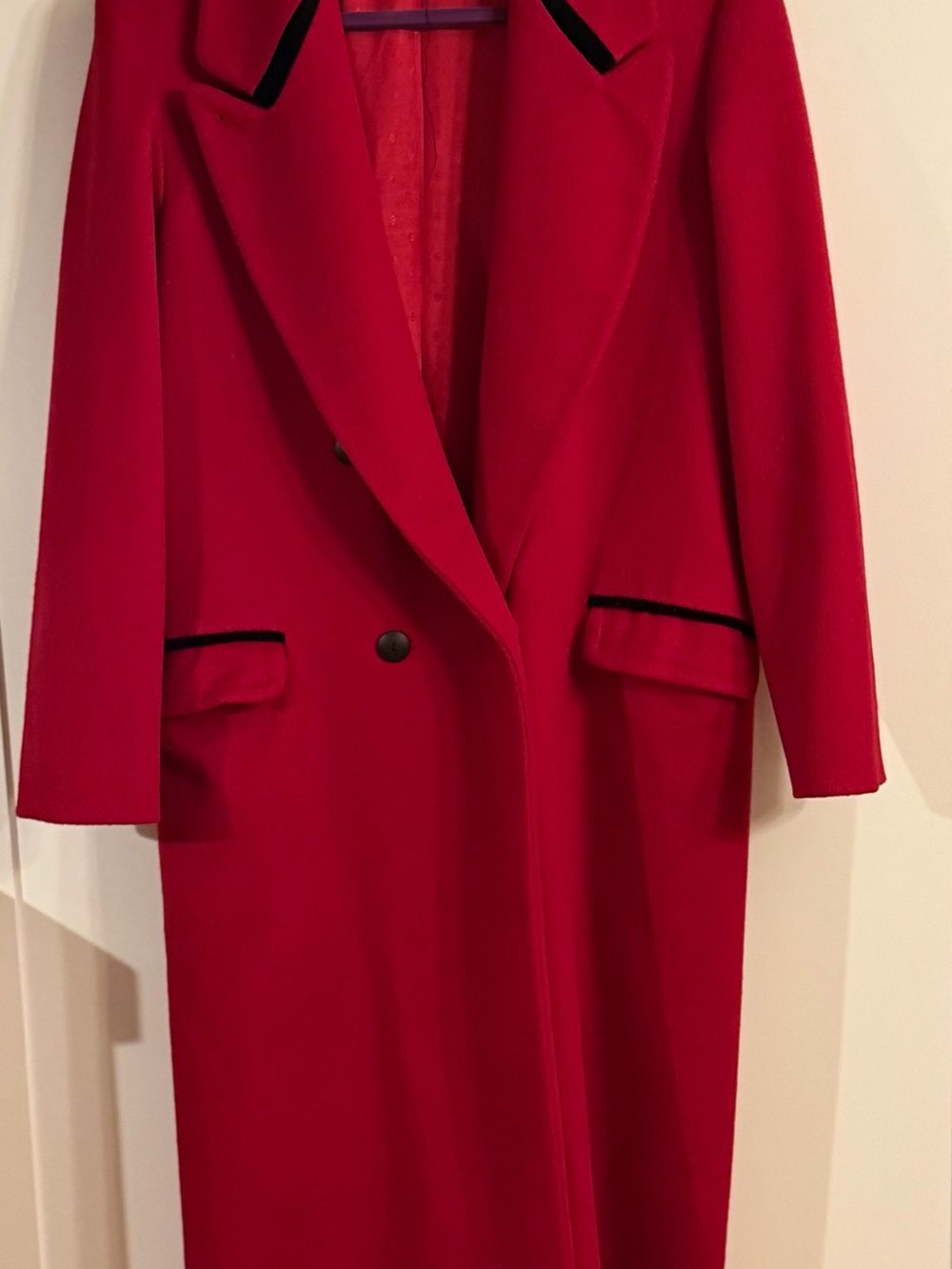 Vintage 1990’s Women's Red Long Wool Coat with Black Contrast Trim